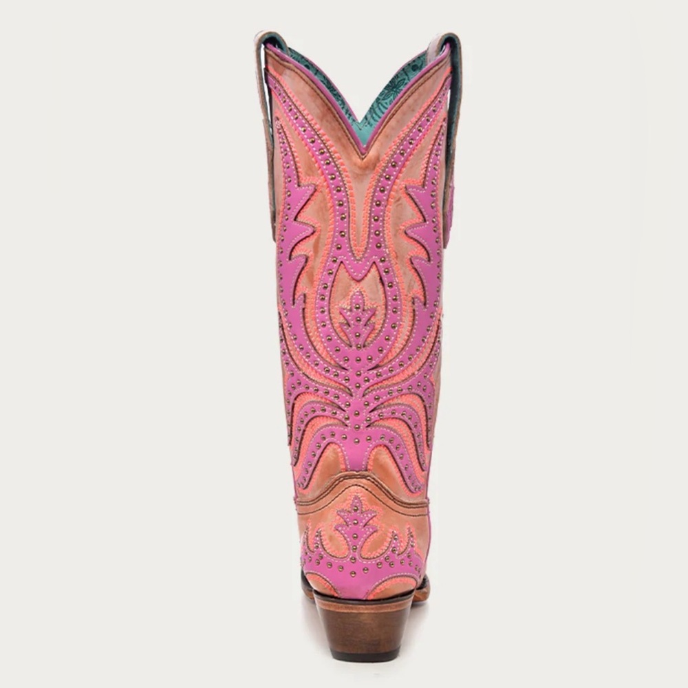 PINK FLUORESCENT EMBROIDERY AND STUDS SNIP TOE COWBOY BOOT - Picture 6 of 6